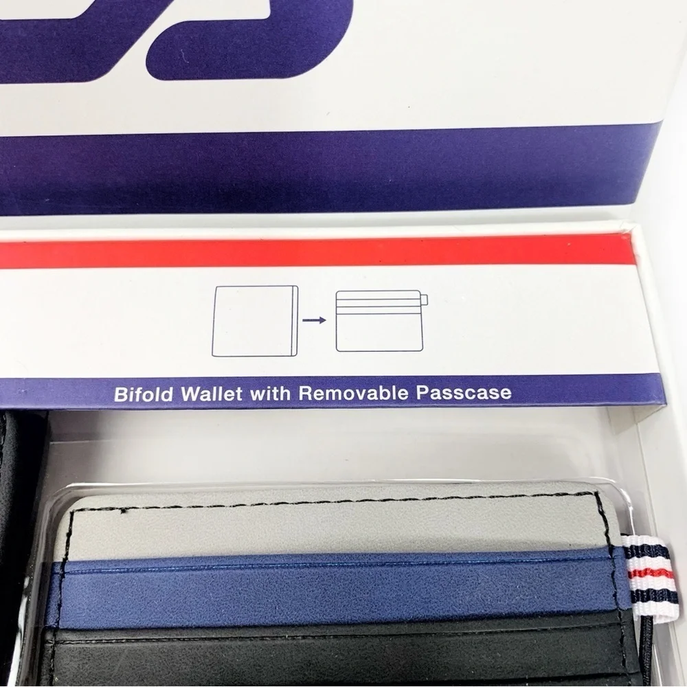 Fila Black Bifold Wallet w/ Blue & Grey Stripe • 9 Card Slots • Gift Box